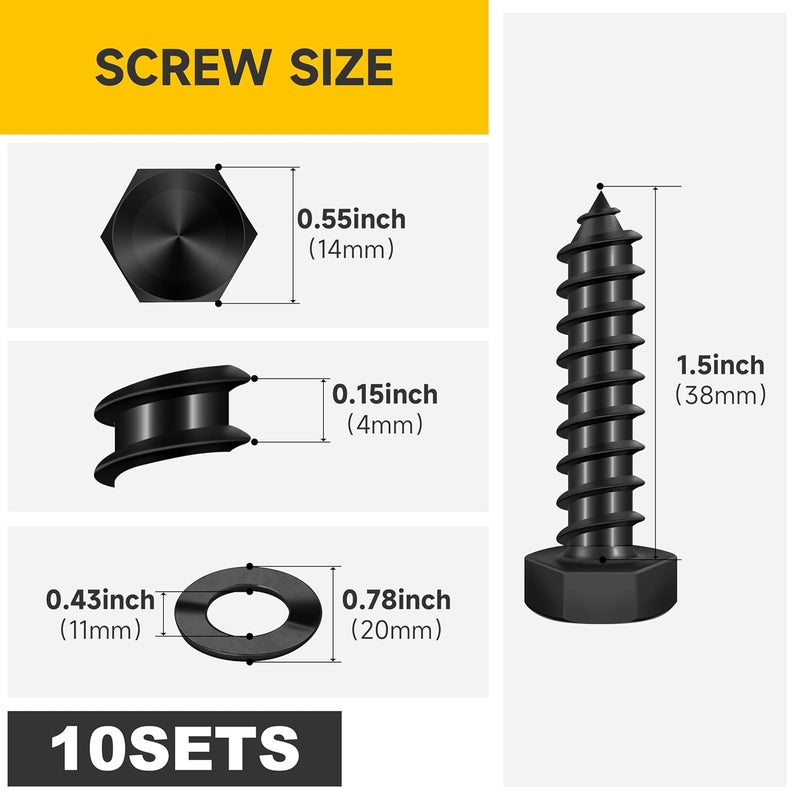 MYWISH (10Sets) 3/8" x 1-1/2" Hex Head Lag Bolts, Heavy Duty Lag Screws with Washers, 304 Stainless Steel Bolts 18-8, Lag Screws Wood Screws, Partial Thread Black Oxide, 3/8 Bolt - Image 2